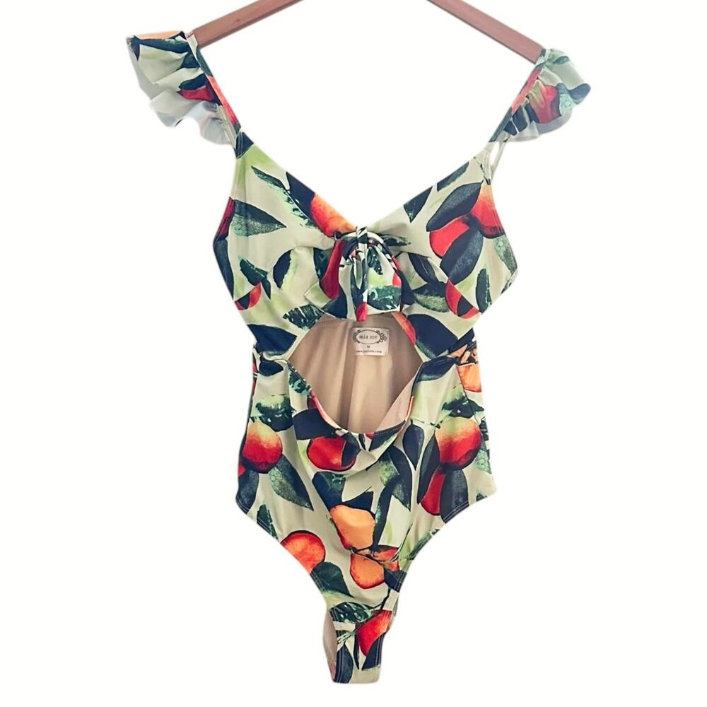 Mia Joy One Piece Swimsuit M Fruit Print Cutout Tie Front Ruffle Strap Medium